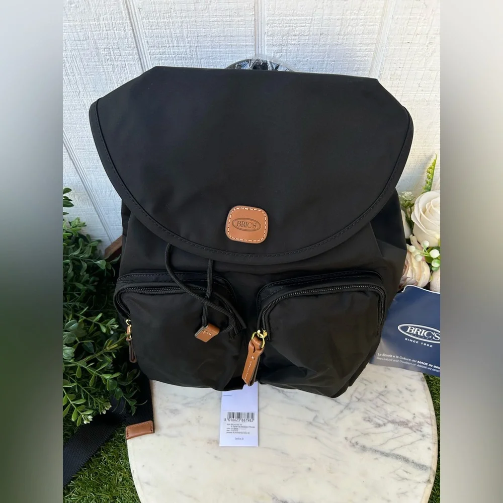 Bric's Black Nylon Backpack with Tan Leather Trim